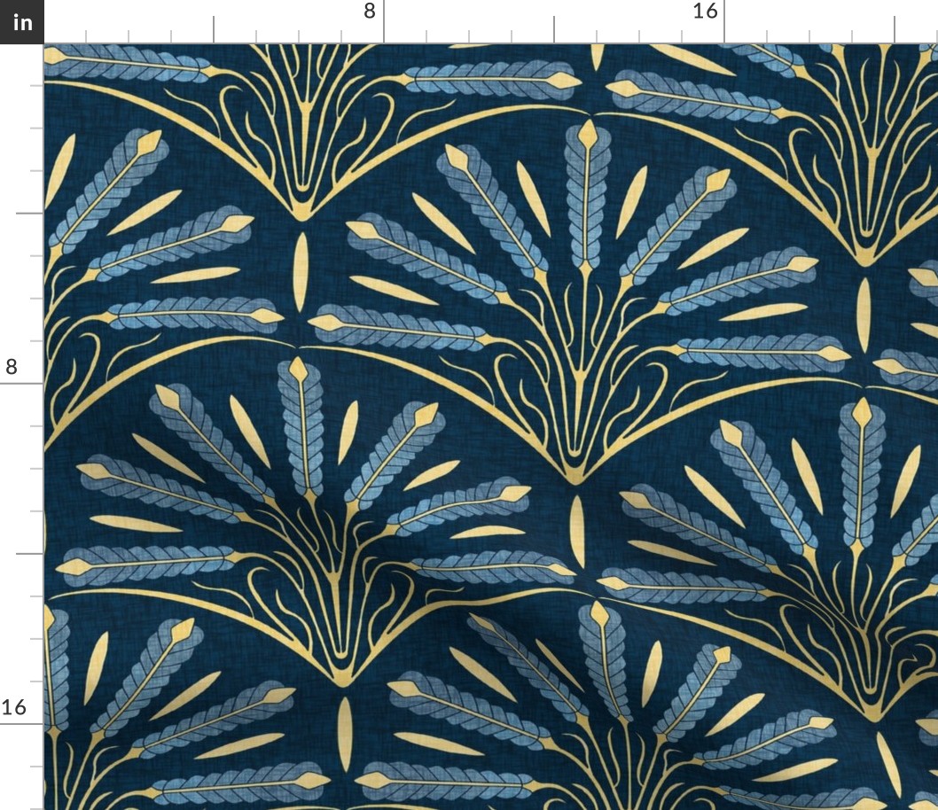 Welcoming Walls - Breaking Bread: Art Deco Wheat in Blues, Yellow and Navy , 12" 
