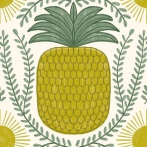 484 -  Medium large scale exotic tropical sweet pineapple in a twinning wreath, with warm suns for balance,  Lime green and sage green, for kitchen wallpaper, wallpaper and tablecloths for hospitality projects 