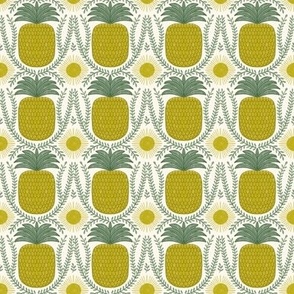 484 -  Small scale exotic tropical sweet pineapple in a twinning wreath, with warm suns for balance,  Lime green and sage green, for kitchen wallpaper, wallpaper and tablecloths for hospitality projects 