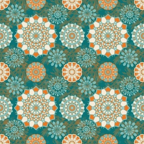 Medium Scale - Boho Mandalas 3 - Dark Teal, Soft Orange and Cream