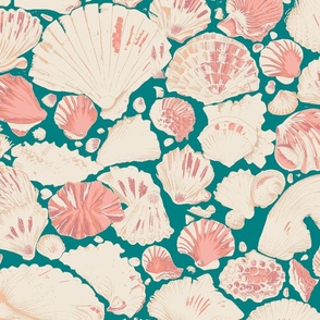 Vintage Chipped Ivory and Peach Seashells On Teal Ocean Background