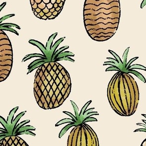 407 $ - Large scale loose Pineapple chunky outlines and mustard, brown and forest green watercolor textures, for welcoming wallpaper, kitchens, dining rooms, tropical décor, exotic style