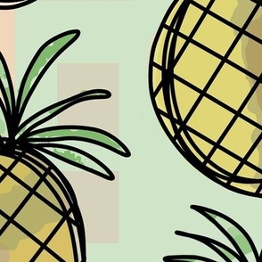 405 - Jumbo large scale Pineapple doddle style in watercolor - market day - ripe juicy on a retro geometric background, for funky kitchen wallpaper, curtains, tropical fruit bedlinen in aqua, lime, taupe and blush