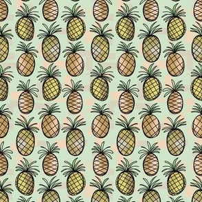 405 - Pineapple market day - ripe juicy on a retro geometric background, for funky kitchen wallpaper, curtains, tropical fruit bedlinen in aqua, lime, taupe and blush