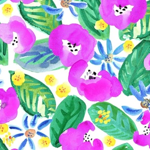Bold Mexico Flora - pink and green on white background