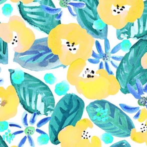 Bold Mexico Flora - Yellow and teal on white background