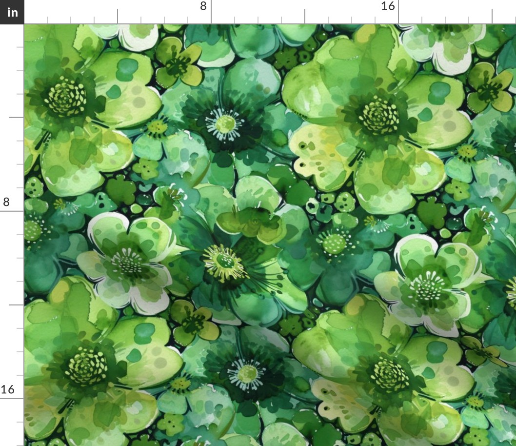 St Patricks Day Green Watercolor Floral 3 - Large Scale