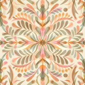 large scale col1 boho maximalist folk embroidery / natural peach, tan, sage green and pink