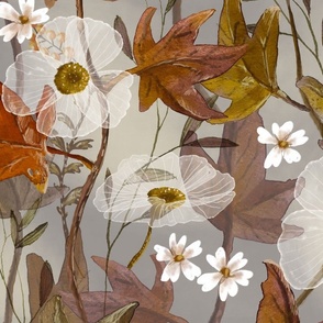 White Poppies and Autumn Leaves Floral- Decor Scale