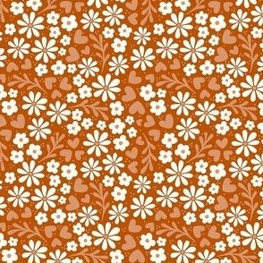 Smaller Whimsy Floral Garden Playful Earthy Sand Natural Ivory Flowers and Hearts on Sunset Brown