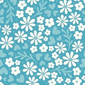 Bigger Whimsy Floral Garden Playful Boho Blue and Natural Ivory Flowers and Hearts