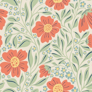 Welcoming Walls of Orange Florals large scale, cream Background 