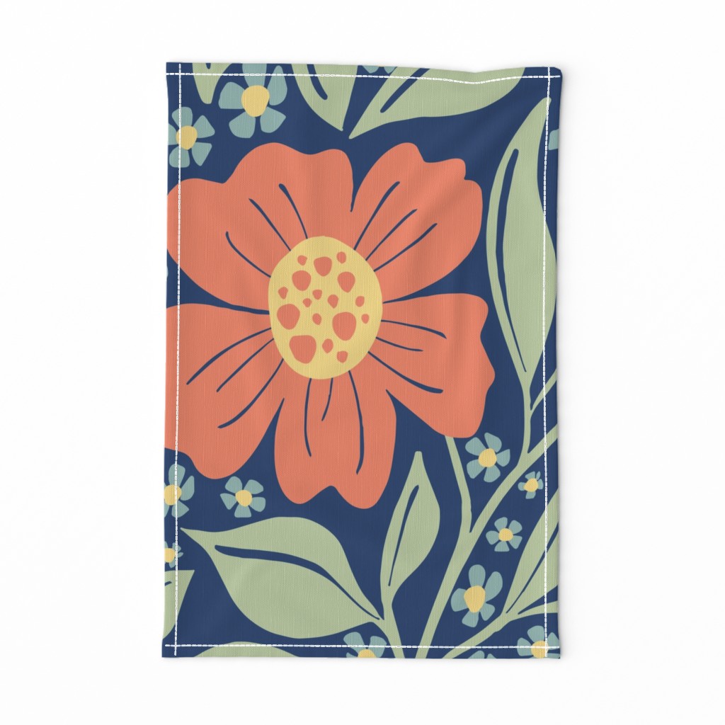 Welcoming Walls of Orange Florals large scale, Navy Background