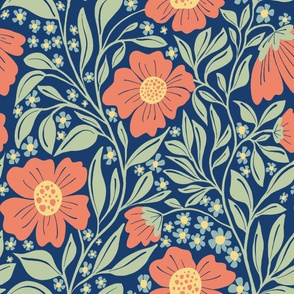 Welcoming Walls of Orange Florals large scale, Navy Background