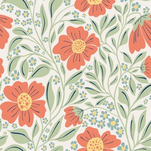 Welcoming Walls of Orange Florals large scale, off white Background 