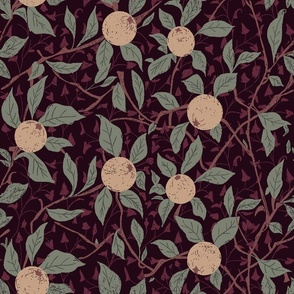 Peaches on Vines in Dark wine - Chintz | Large Version | Burgundy Arts and Crafts Style Wallpaper Print