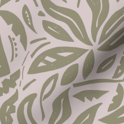 LARGE WELCOMING BOTANICAL TRADITIONAL NATURE WOODBLOCK TEXTURE PALM LEAVES SAGE GREEN+LIGHT PINK