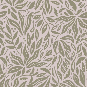 LARGE WELCOMING BOTANICAL TRADITIONAL NATURE WOODBLOCK TEXTURE PALM LEAVES SAGE GREEN+LIGHT PINK