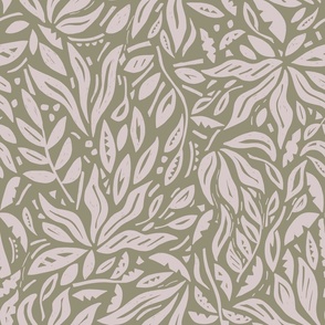 LARGE BOTANICAL TRADITIONAL WOODBLOCK TEXTURE FLORAL LEAVES-CALM SAGE GREEN+LIGHT PINK/CREAM