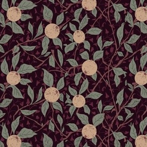 Peaches on Vines in Dark wine - Chintz | Small Version | Burgundy Arts and Crafts Style Wallpaper Print
