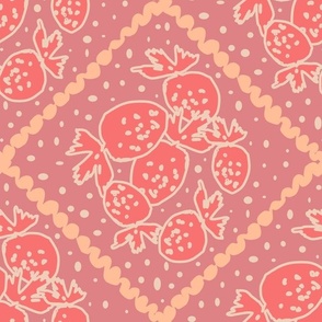 Large - Sweet Strawberry Fields Coordinating Pattern - Pantone Peach Blossom, Georgia Peach, Pristine, Peach Fuzz Fruity Fun Diamond Dots and Strawberries Fabric and Wallpaper by Hanna Barnhart, Owen & Mae