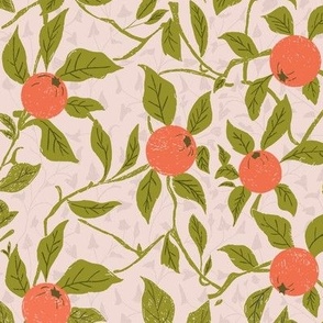 Orange and green on vines with gray oak leaves - Chintz | Medium Version | Arts and Crafts Style Wallpaper Print