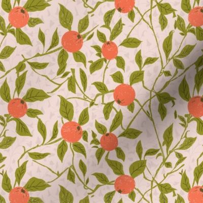 Orange and green on vines with gray oak leaves - Chintz | Small Version | Arts and Crafts Style Wallpaper Print