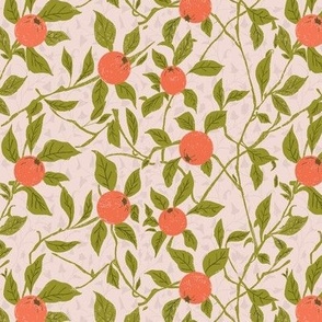 Orange and green on vines with gray oak leaves - Chintz | Small Version | Arts and Crafts Style Wallpaper Print
