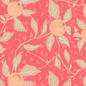 Peach Fuzz Pantone peaches on green vines with Pink oak leaves - Chintz | Large Version | Arts and Crafts Style Wallpaper Print