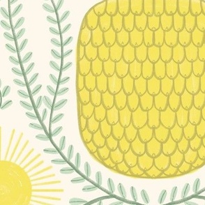 484 -  Jumbo large scale exotic tropical sweet pineapple in a leaf  wreath, with warm suns for balance,  citrus  yellow and sage green, for welcoming kitchen wallpaper, wallpaper and tablecloths for hospitality projects 