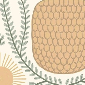 484 -  Jumbo large scale exotic tropical sweet pineapple in a leaf  wreath, with warm suns for balance,  peach taupe and sage green, for welcoming kitchen wallpaper, wallpaper and tablecloths for hospitality projects 