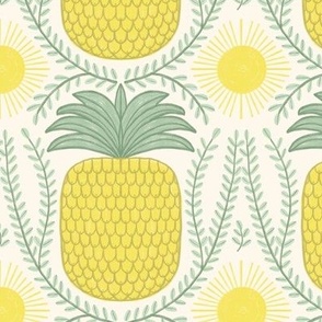 484 -  medium large scale exotic tropical sweet pineapple in a leaf  wreath, with warm suns for balance,  citrus  yellow and sage green, for welcoming kitchen wallpaper, wallpaper and tablecloths for hospitality projects 