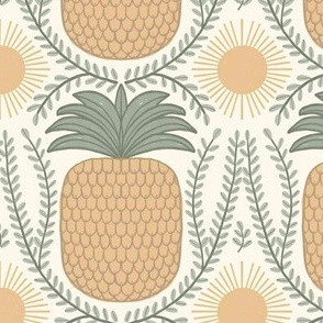 484 -  Medium large scale exotic tropical sweet pineapple in a leaf  wreath, with warm suns for balance,  peach taupe and sage green, for welcoming kitchen wallpaper, wallpaper and tablecloths for hospitality projects 