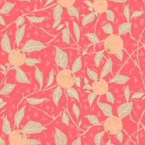 Peach Fuzz Pantone peaches on green vines with Pink oak leaves - Chintz | Medium Version | Arts and Crafts Style Wallpaper Print