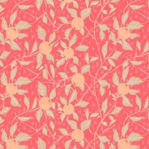 Peach Fuzz Pantone peaches on green vines with Pink oak leaves - Chintz | Small Version | Arts and Crafts Style Wallpaper Print