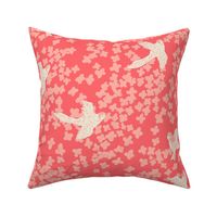 White Birds and flowers on a dark pink background | Large Version | Vintage bird and flower print