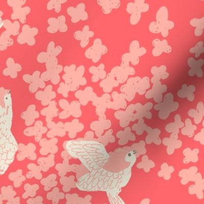 White Birds and flowers on a dark pink background | Large Version | Vintage bird and flower print