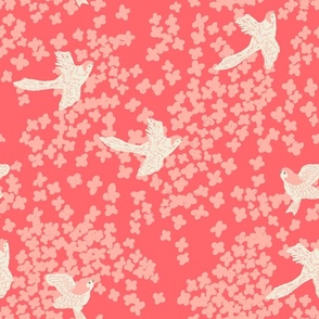 White Birds and flowers on a dark pink background | Large Version | Vintage bird and flower print