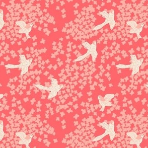 White Birds and flowers on a dark pink background | Small Version | Vintage bird and flower print