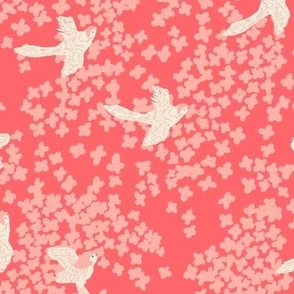 White Birds and flowers on a dark pink background | Medium Version | Vintage bird and flower print