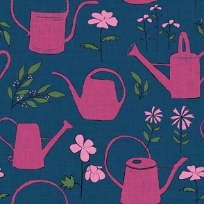 watering cans, pink on blue, large scale