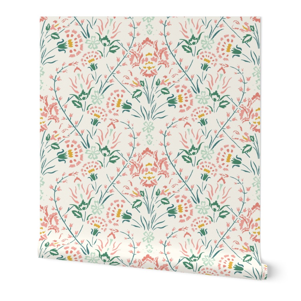 Traditional Turkish Trailing Floral With Baroque Block Print Impression on Creme White