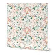 Traditional Turkish Trailing Floral With Baroque Block Print Impression on Creme White