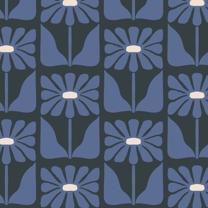 Retro Block Print Floral Wallpaper in Moody Dark Blue and Black
