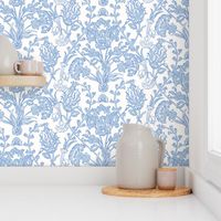 Traditional Turkish Trailing Floral With Baroque Block Print Impression in Blue