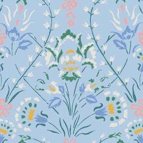Traditional Turkish Trailing Floral With Baroque Block Print Impression on Light Blue