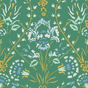 Traditional Turkish Trailing Floral With Baroque Block Print Impression on Dark Green