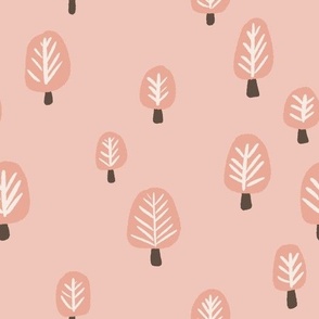 Whimsical Abstract Peach Trees on Pink