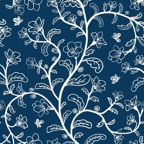 Large - Serene Ivory Trailing Flowers on Navy Blue