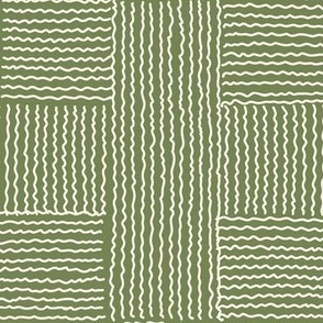 413 - Large jumbo scale forest green wriggle wonky tessellated cross, hand drawn waves irregular lines, set to give the illusion of light and shadow. For large scale curtains, warm neutral serene  wallpaper, elegant duvet cover, unisex decor. . 